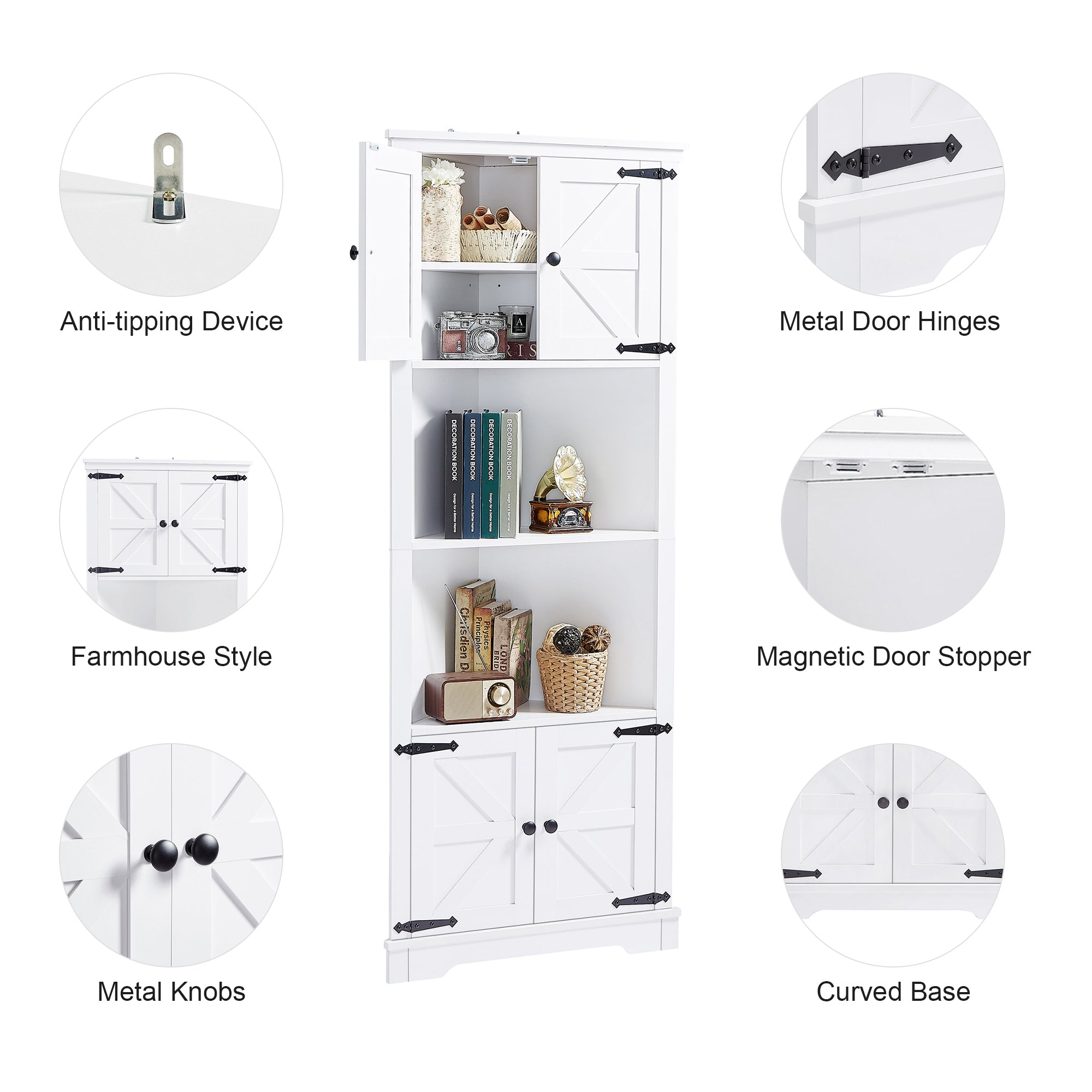 Tall Bathroom Storage Cabinet, Corner Cabinet with Doors and Adjustable Shelf, MDF Board, White