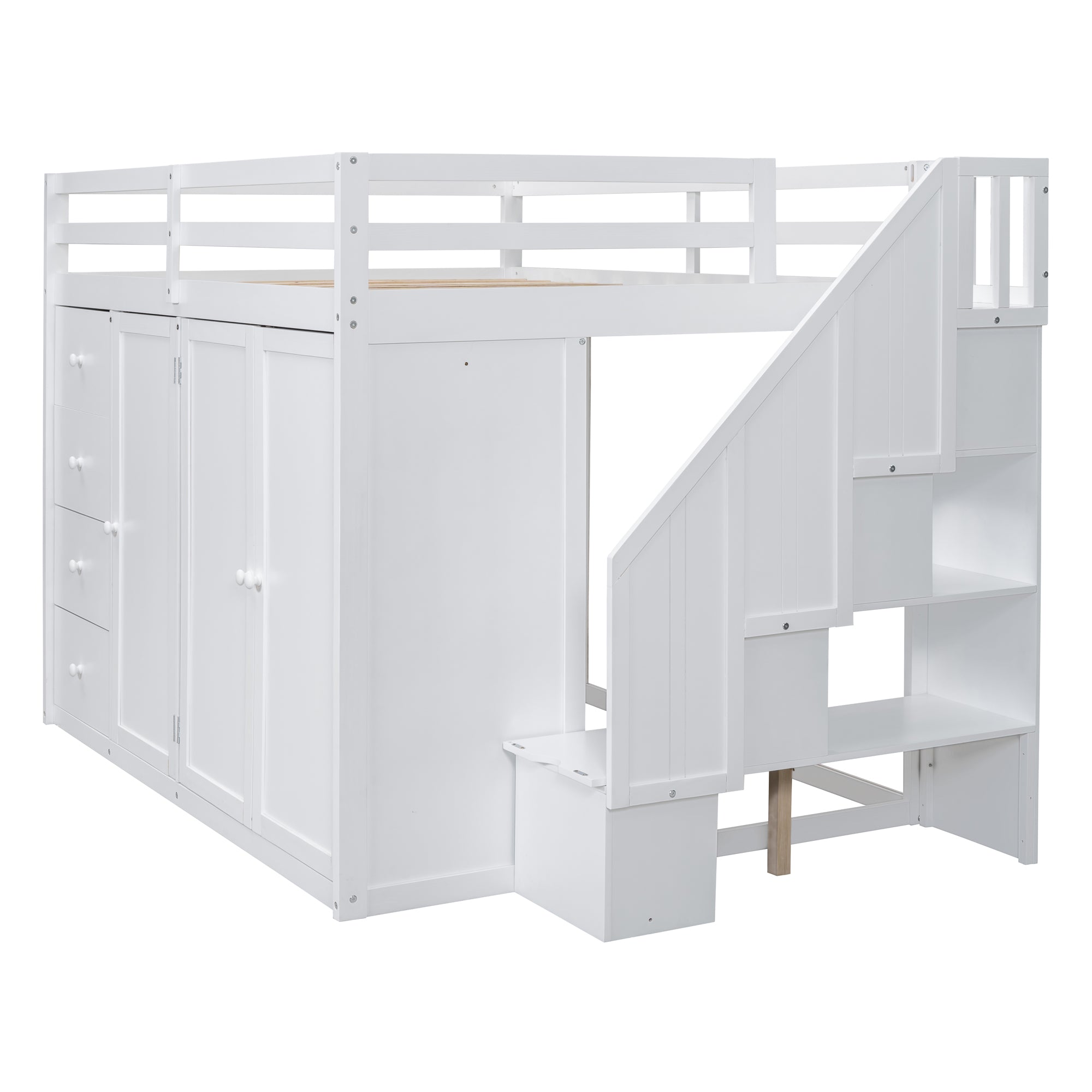 Full Size Wood Loft Bed With Built-in Wardrobes, Cabinets and Drawers, White