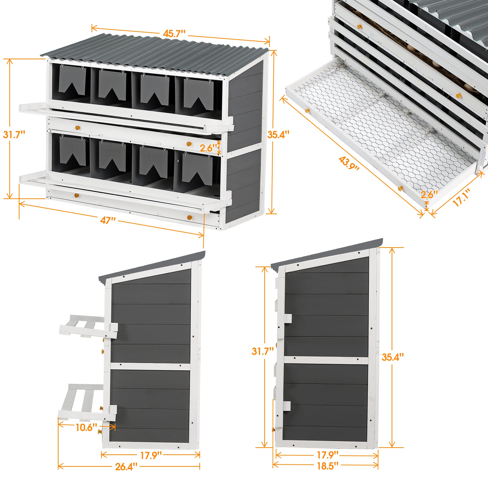 Nesting Boxes for Chickens, Wooden Chicken Nesting Box, 8 Compartments Egg Laying Boxes for Hens, Ducks and Poultry with Rollout Eggs Collection, PVC Roofing and Foldable Perches, 47