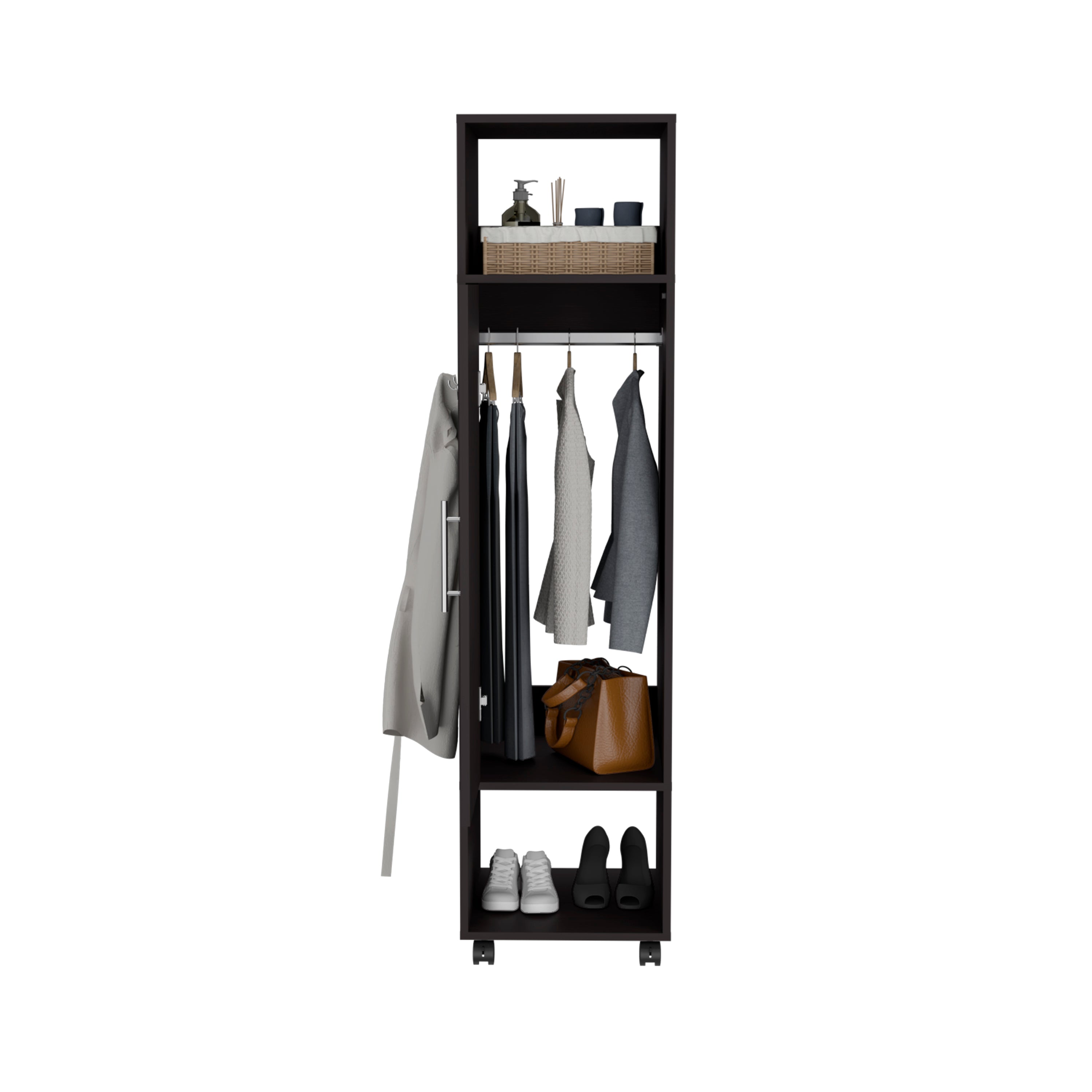 Cluster 63" Tall Wardrove One-Door Cabinet with Mirror, Three Shelves, Casters and Hanging Rod, Armoire, Bedroom Clothes Storage, Cabinet Organizer Black