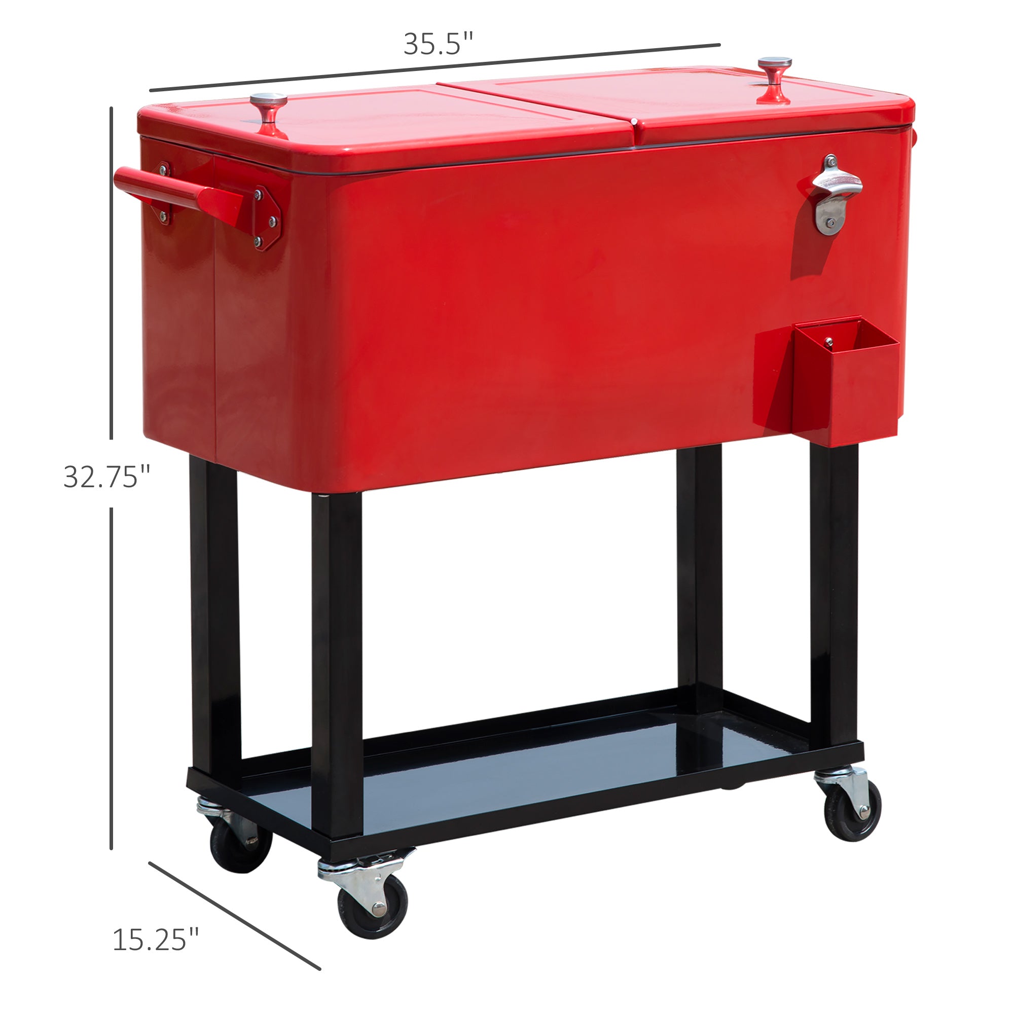 Outsunny 80 QT Rolling Cooling Bins Ice Chest on Wheels Outdoor Stand Up Drink Cooler Cart for Party, Red